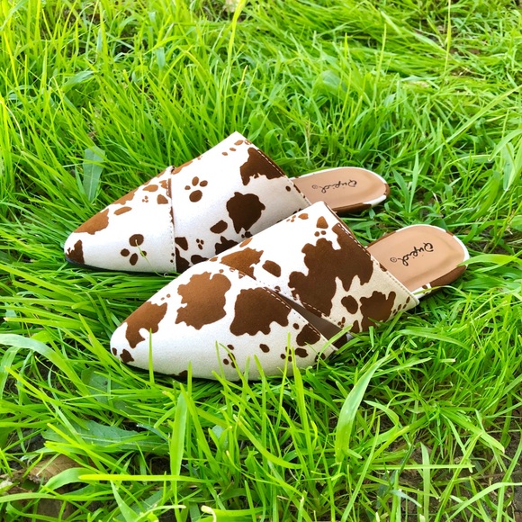 Cow Print Vegan Suede Mule Flats - Picture 2 of 12